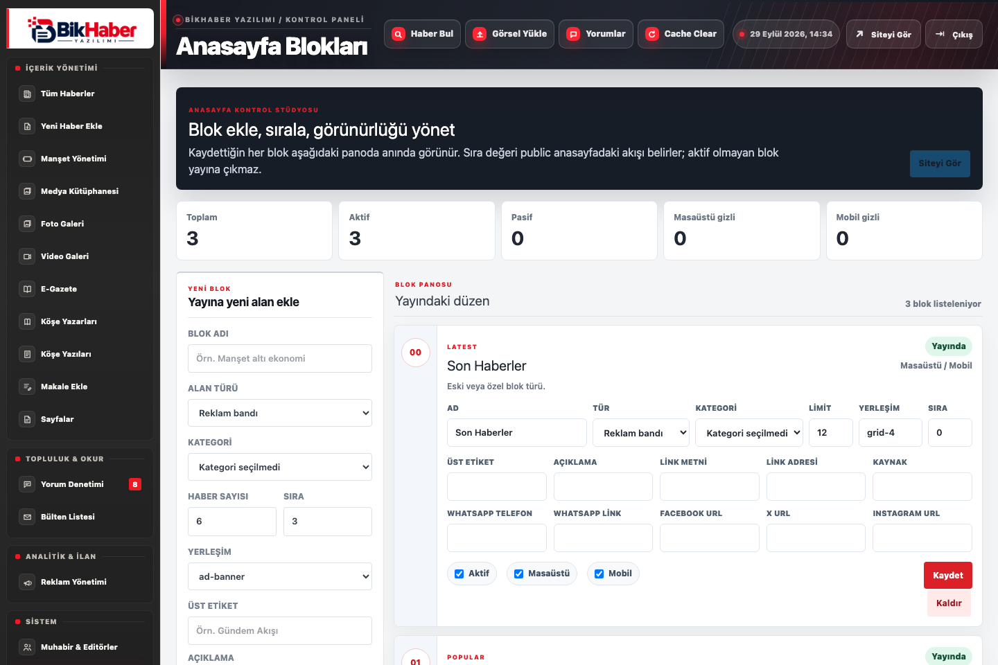 BikHaber anasayfa blok yönetimi ekranı